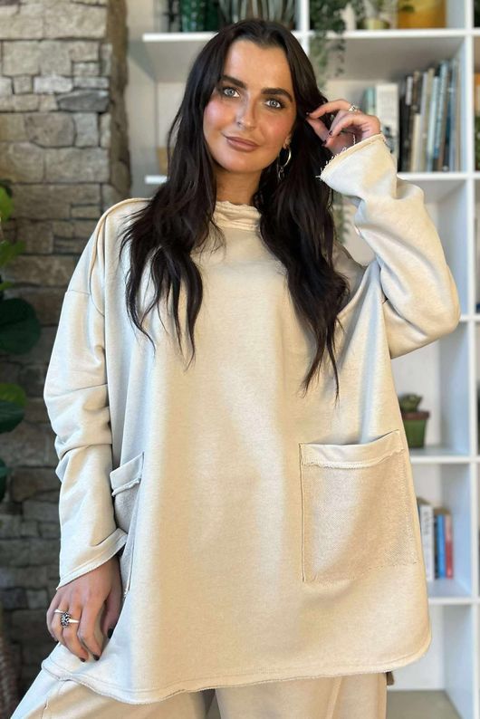 Scamp Raw Seam Funnel Neck Top Stone